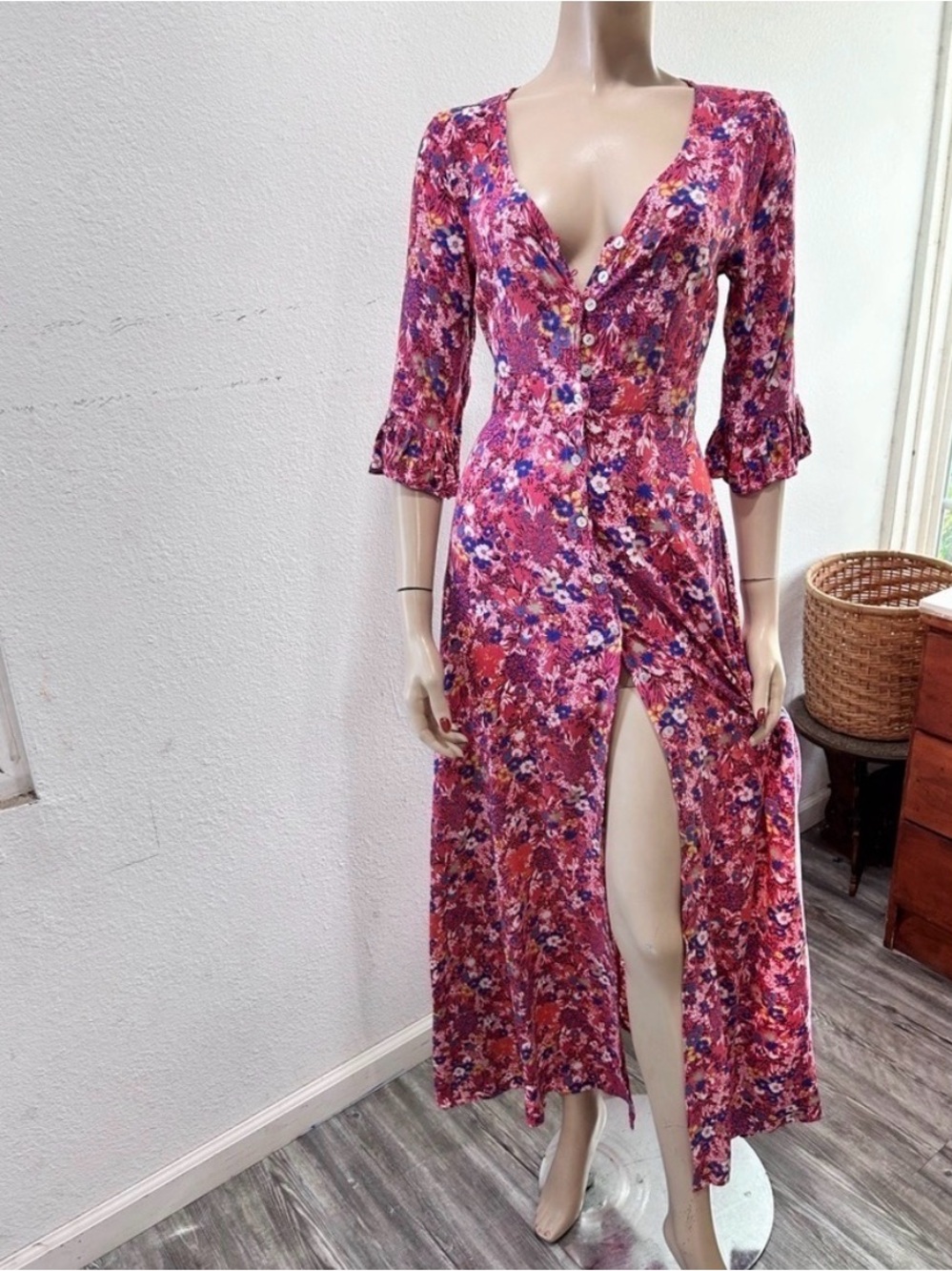Cotton Candy Pink Floral Button-Front Maxi Dress with Front Slit
